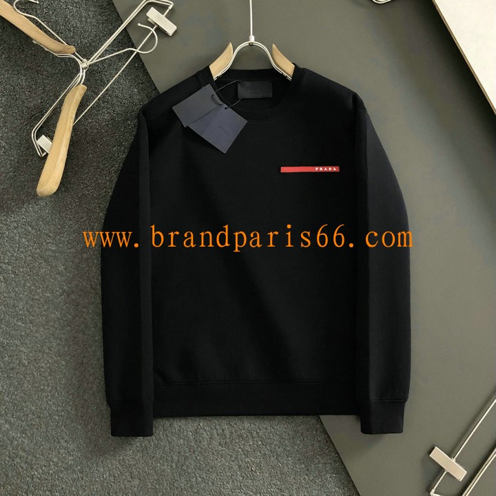 WYPD24004-JS プラダ PRADA 2024年秋冬最新入荷 ロングスリーブ スウェット クルーネック シャツ ブラック メンズ 長袖