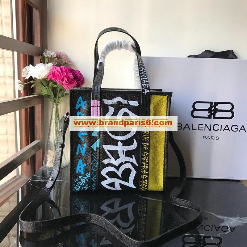 BA692-99　BALENCIAGA バレンシアガ 2019年最新入荷 グラフィティ バザール ショッピングバッグ ハンドバッグ トートバッグ 2way ショルダーバッグ ラムスキン 黒