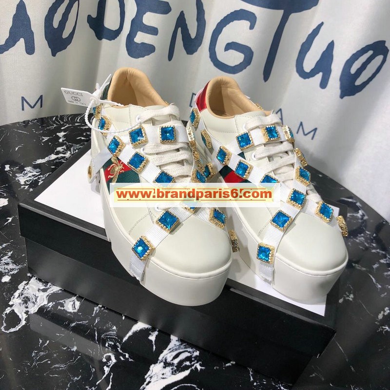 GGJ19051-26　グッチ GUCCI 2019年最新入荷 エース ウィメンズ エンブロイダリー付き プラットフォーム スニーカー カジュアルシューズ 白 取り外し可能なクリスタル付き