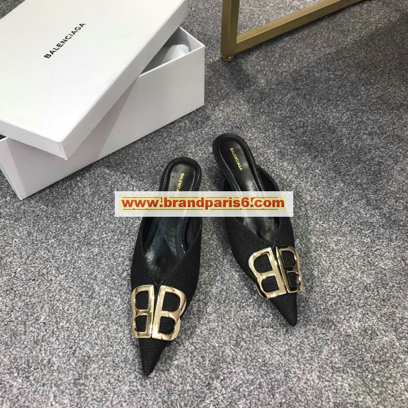 BAJ20003-26　バレンシアガ BALENCIAGA 2020年秋冬最新入荷 BB ミュール パンプス ローヒールサンダル ポインテッドトゥ デニム レザー