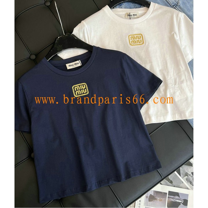 TDMM24004-XG　ミュウミュウ MIUMIU 2024年春夏最新入荷 ボートネックTシャツ 半袖 ショートスリーブ スウェットシャツ 短袖 トップス レジャーシャツ