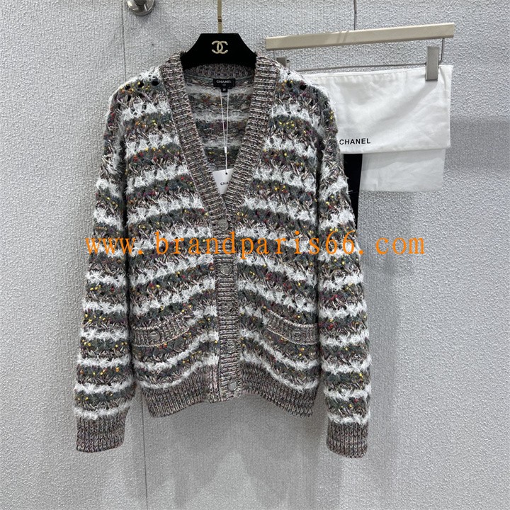 MKCH25008-XG　シャネル CHANEL 2025年新作 ロングスリーブ ストライプ カーディガン カシミヤ ニットコート Vネック レディース